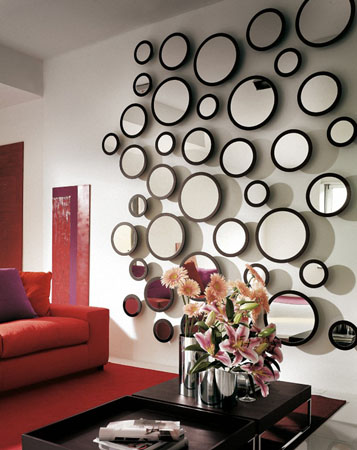 unique-bubble-wall-mirrors-for-living-room-red-sofa-indoor-floral