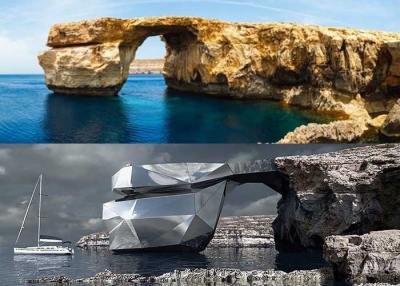 Μεταλλική αψιδωτή δομή στη θέση του Γαλάζιου Παράθυρου της Μάλτας